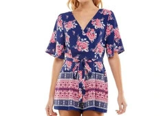 NWT Trixxi Women's Blue Surplice Printed Flutter Sleeve Romper Juniors Size XL